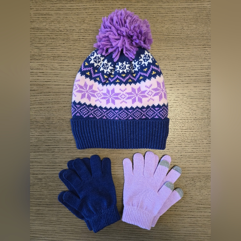 Kids Winter Knit Hat and Gloves Set - Purple and Pink